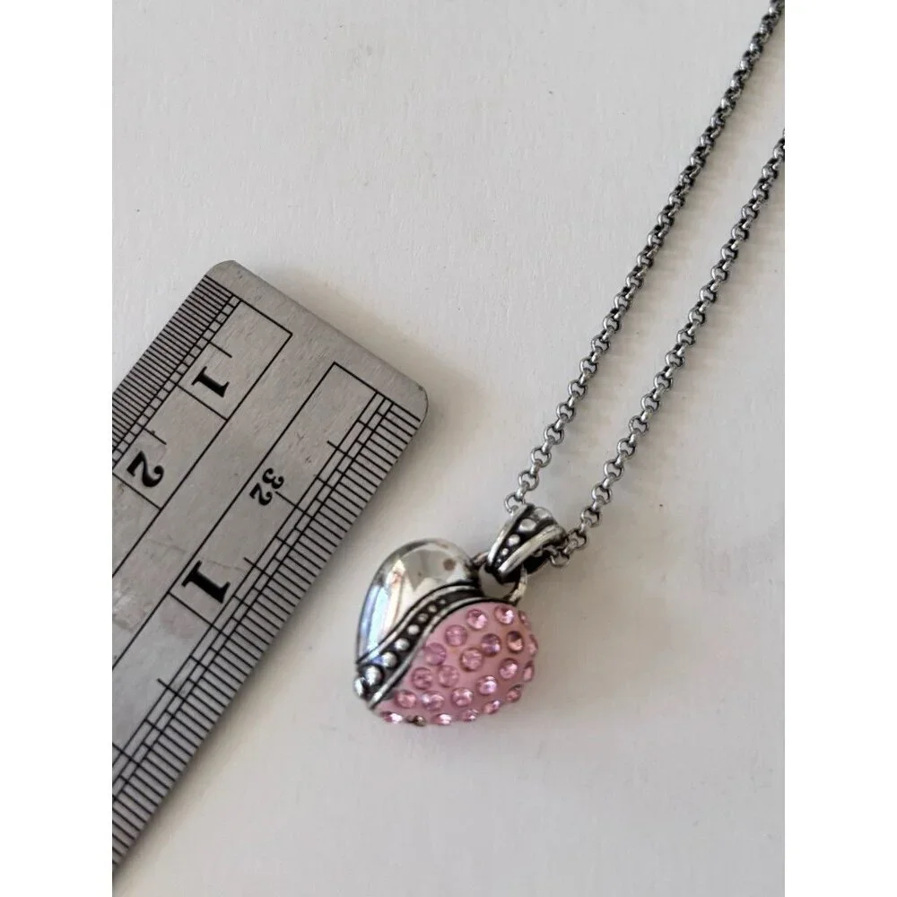Brighton Silver Tone Pink Enamel & Crystal Puffy Heart Necklace